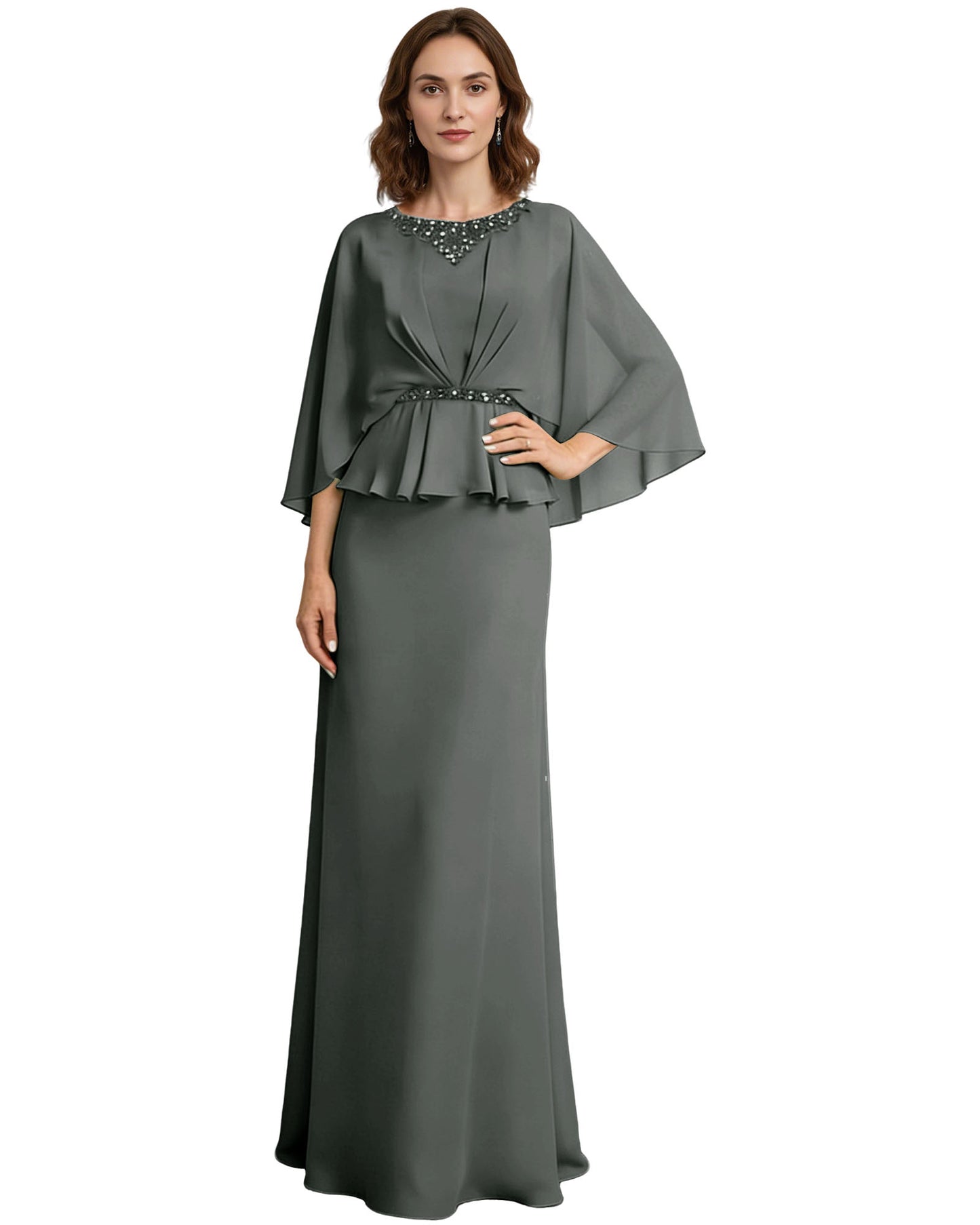 Capelet Mother of the Bride Dress Long Beaded Neck Peplum Chiffon Formal Gown
