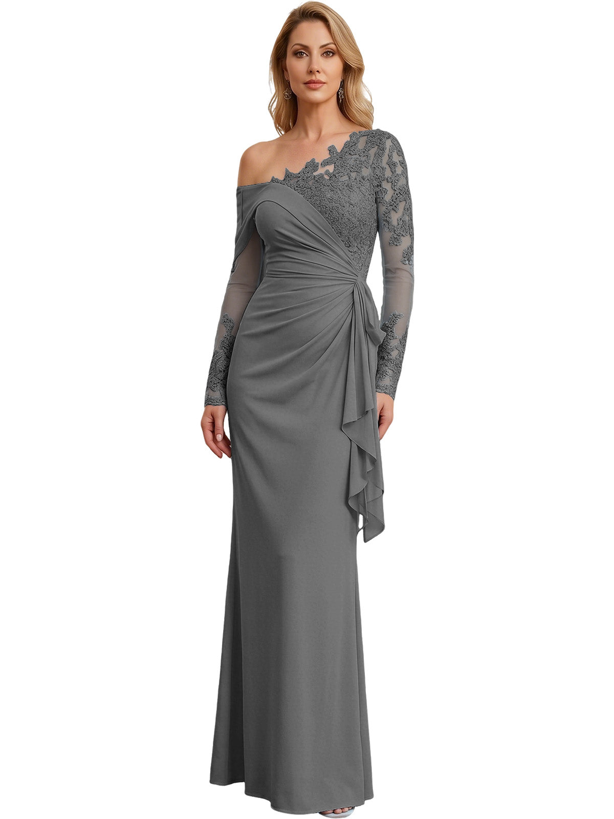 One Shoulder Mother of the Bride Gown Long Lace Sleeve Mermaid Dress with Draped Ruffle
