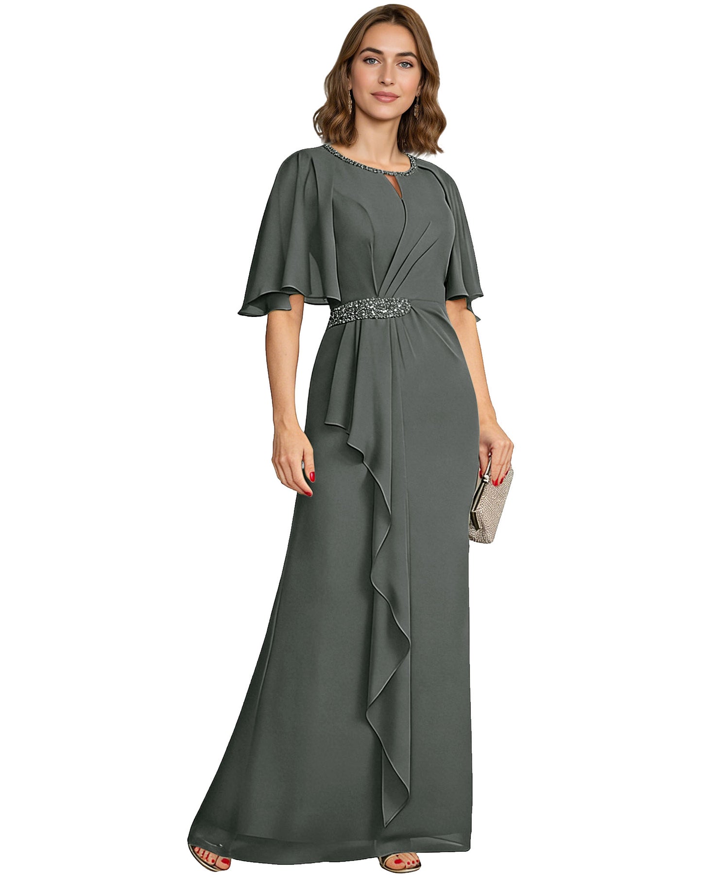 Long Mother of the Bride Dress Chiffon Flutter Sleeve Beaded Waist Formal A-Line Gown
