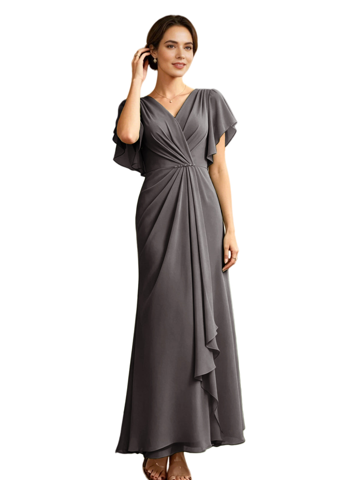 Long Chiffon Mother of the Bride Dress V-Neck Flutter Sleeve A-Line Gown with Beaded Waist