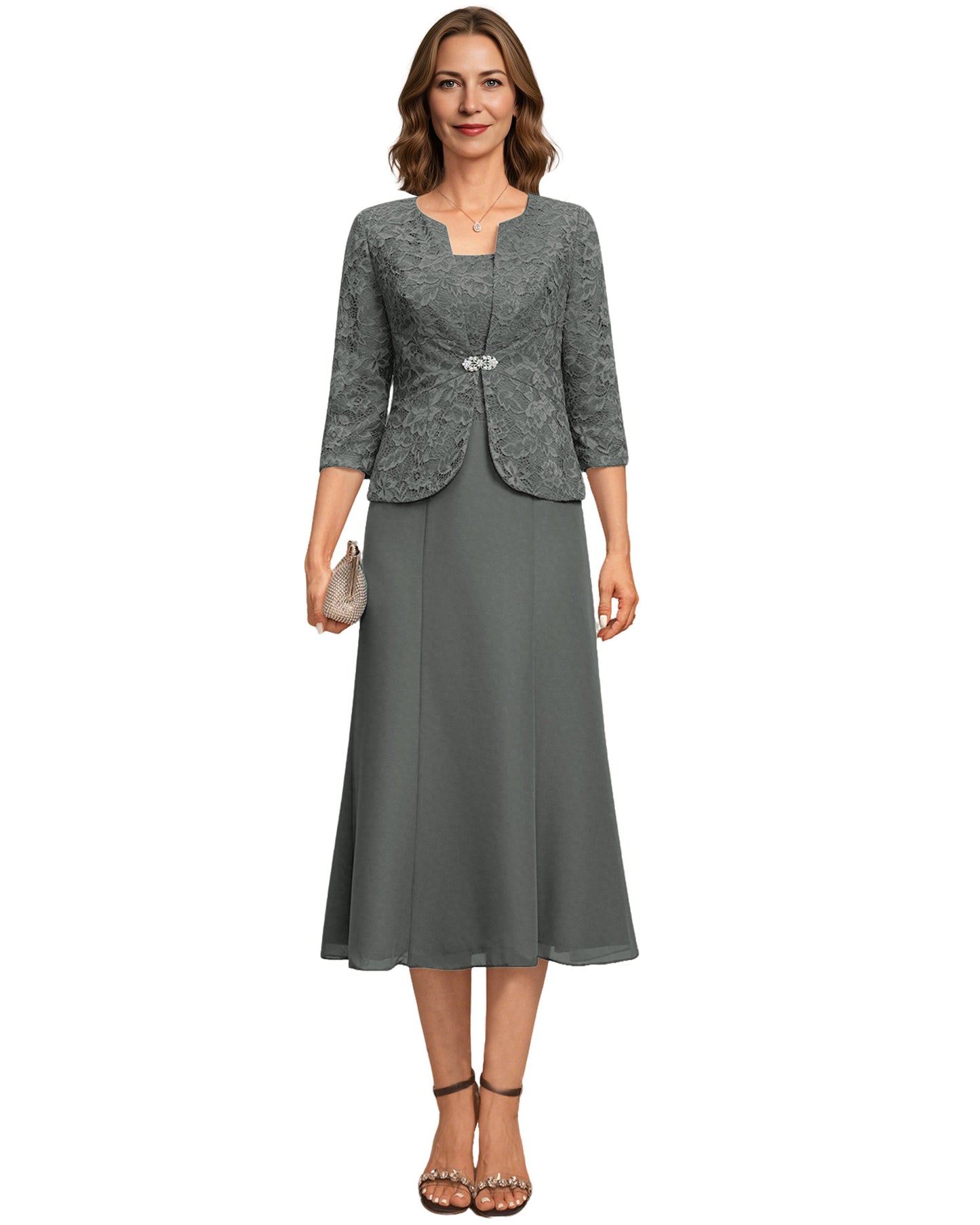 Tea Length Mother of the Bride Dress Lace Jacket Chiffon A-Line Wedding Guest Outfit