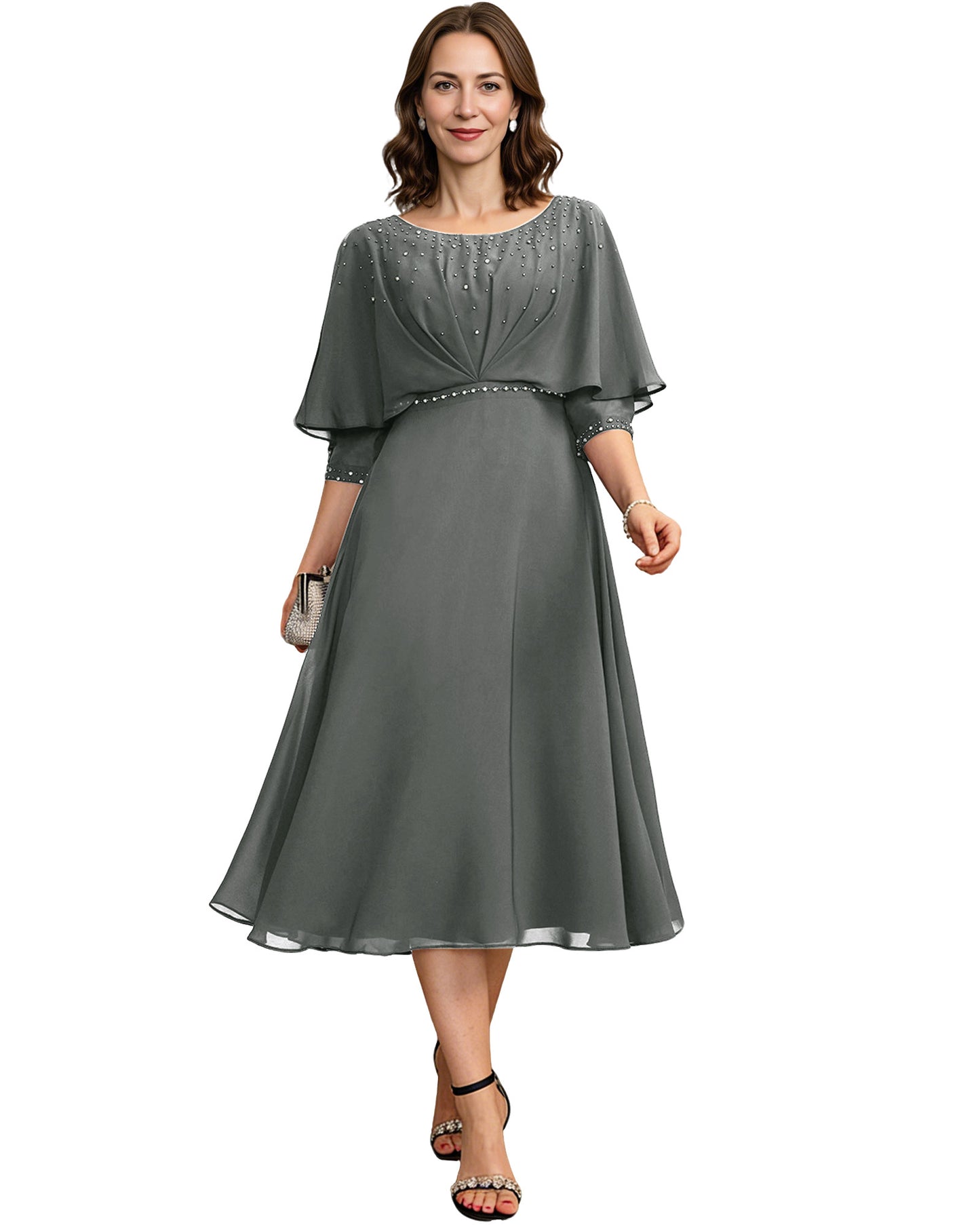 Beaded Cape Mother of the Bride Dress Tea Length Chiffon A-Line Formal Guest Gown