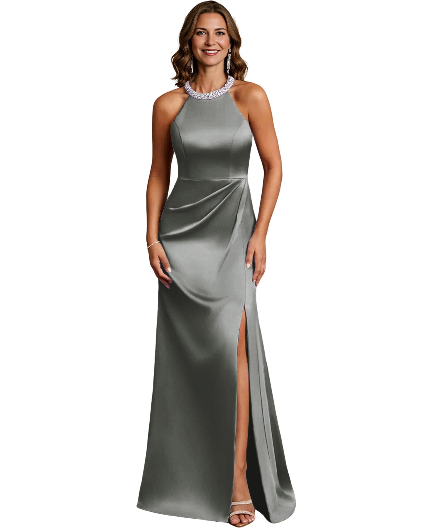 Halter Neck Mother of the Bride Dress Satin Mermaid Gown with Beaded Collar and Slit