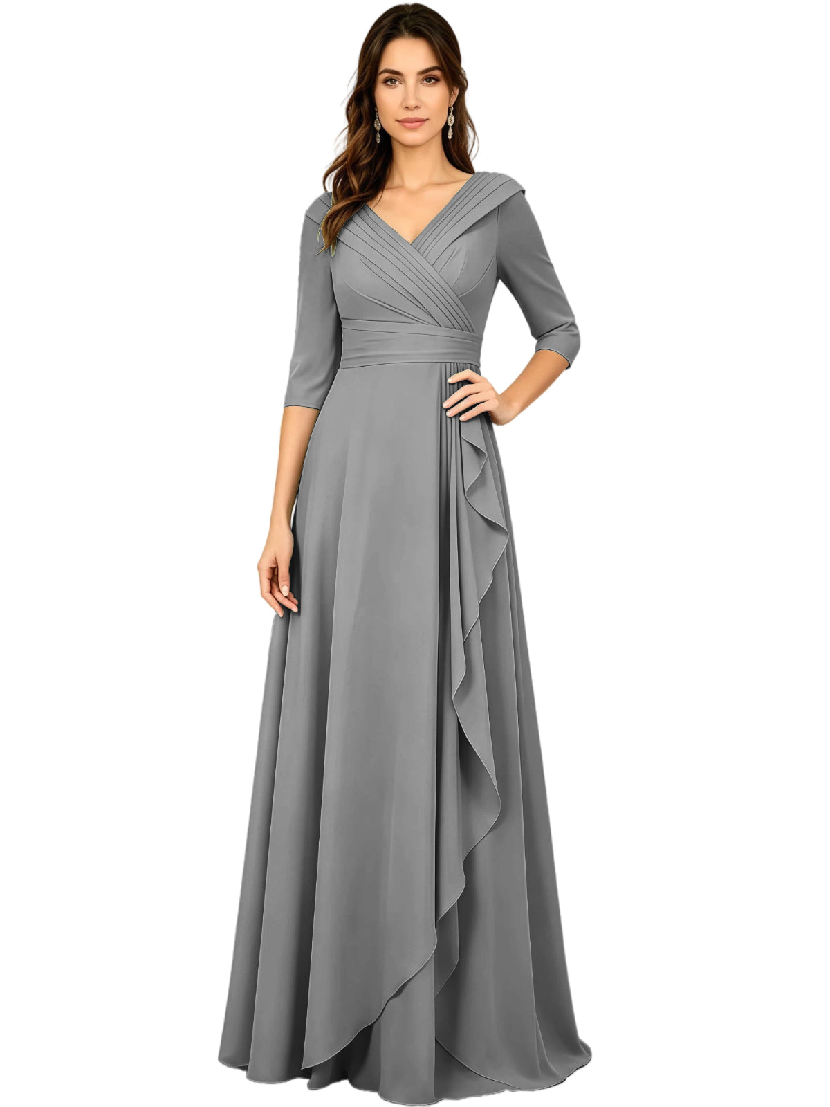 Long V-Neck Mother of the Bride Dress Chiffon Half Sleeve A-Line Gown with Side Ruffle