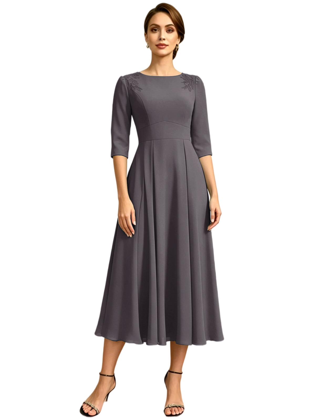 Tea Length Mother of the Bride Dress Jewel Neck Chiffon A-Line Formal Gown with Embroidery