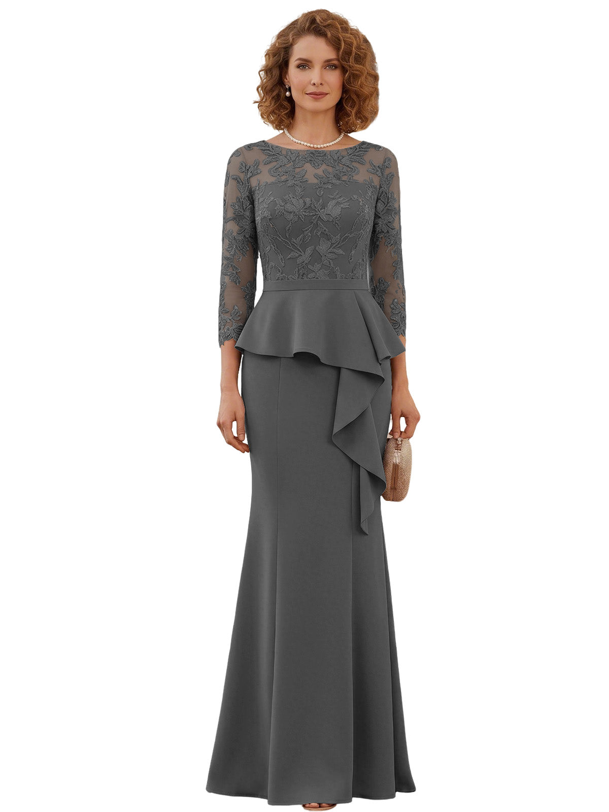 Long Mother of the Bride Dress Lace Illusion Bodice Peplum Mermaid Formal Evening Gown