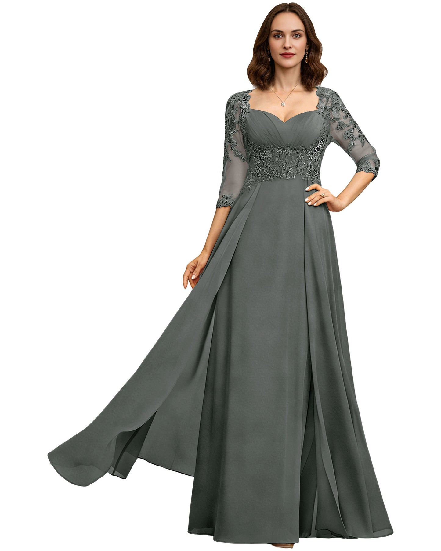 Long Sweetheart Mother of the Bride Dress Lace 3/4 Sleeve Chiffon A-Line Gown