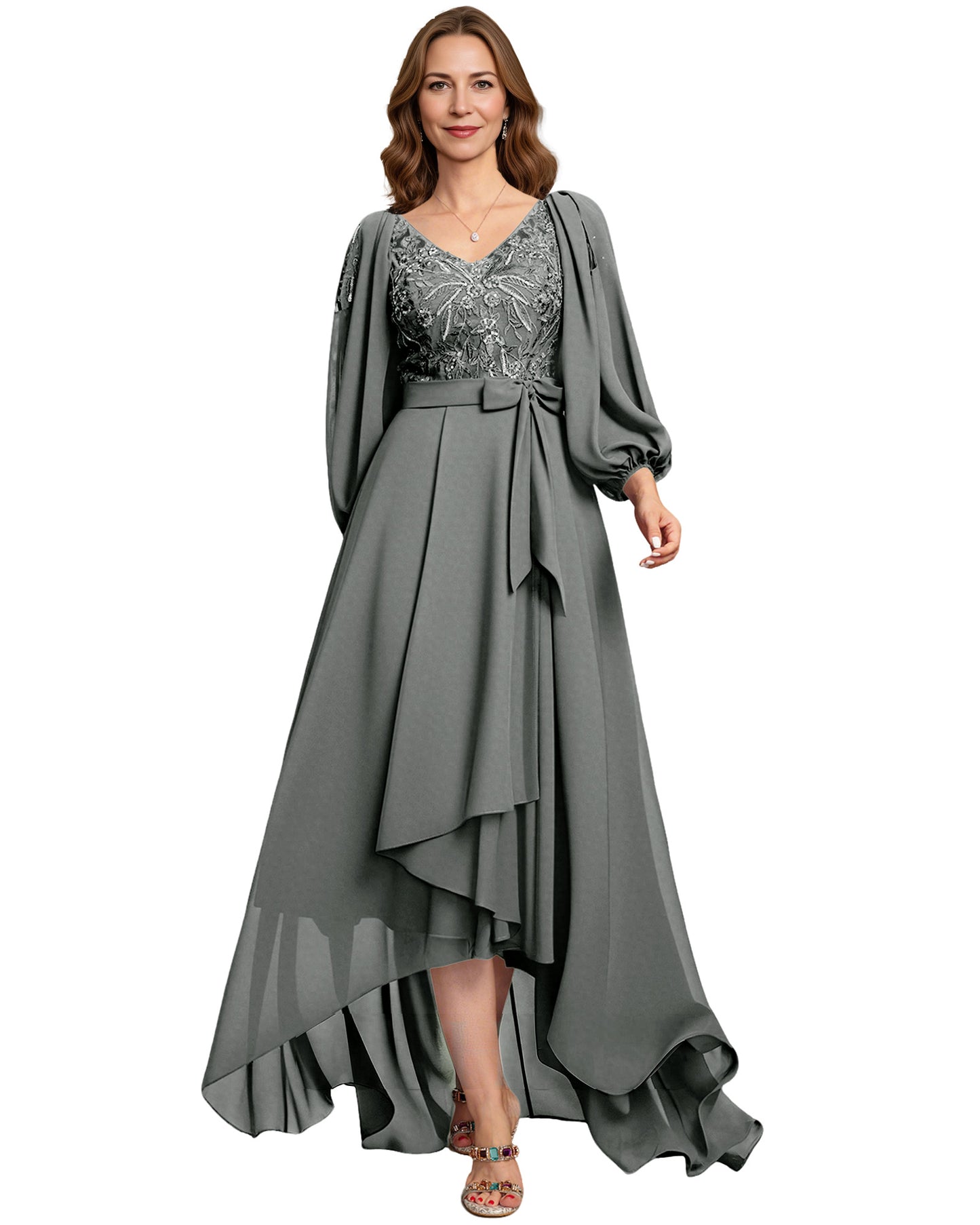 High Low Mother of the Bride Dress Lace Bodice Chiffon Jacket Formal Wedding Gown