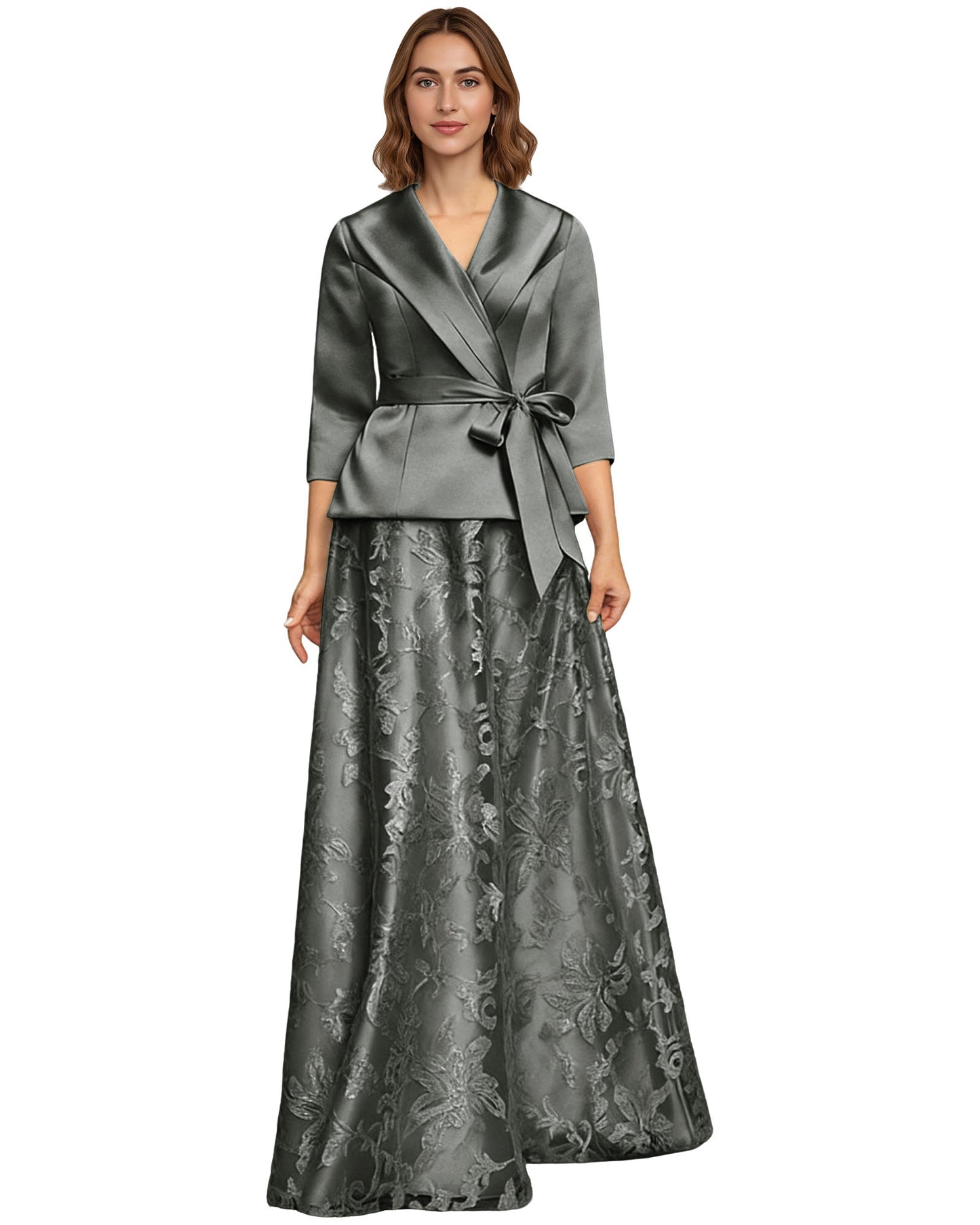 Two Piece Mother of the Bride Dress Satin Wrap Top Embroidered Long Skirt Formal Set