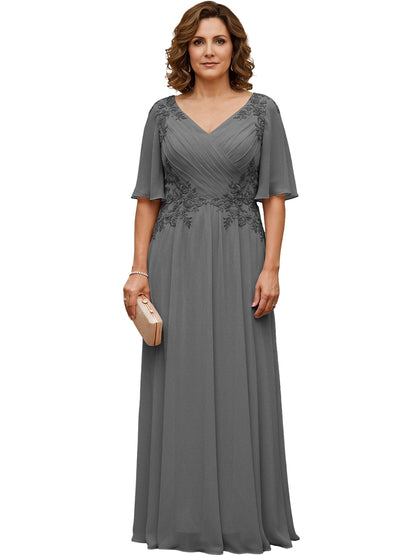 Mother of the Bride Dress Long Chiffon A-Line Gown with Flutter Sleeves and Beaded Lace