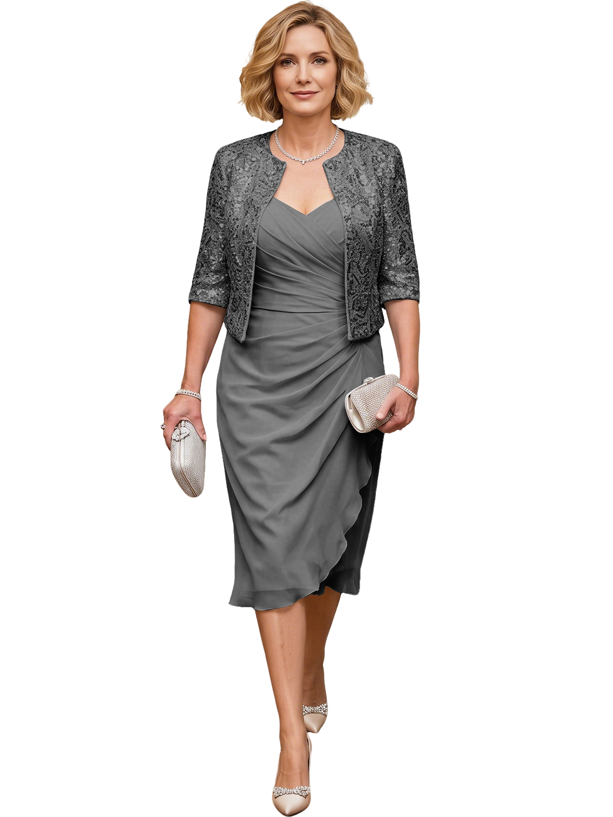 Mother of the Bride Dress with Jacket Tea Length Ruched Chiffon Wedding Guest Outfit