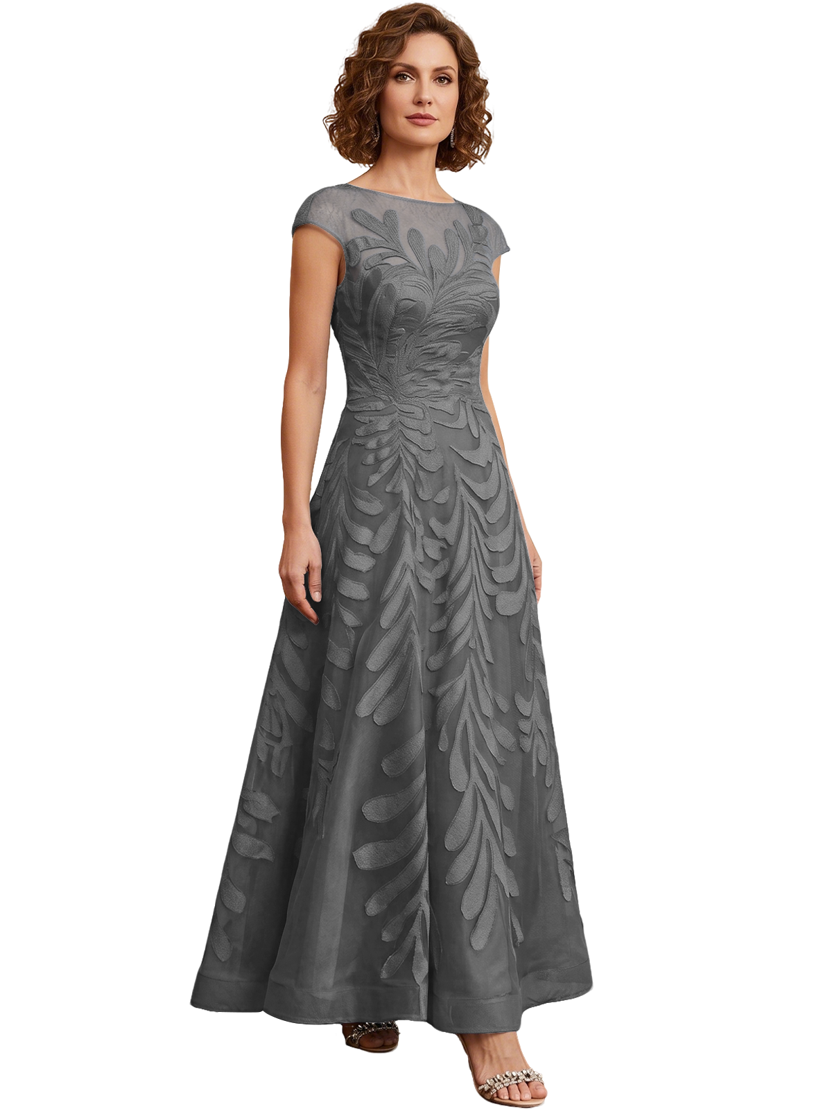Embroidered Tulle Mother of the Bride Dress Long A-Line Gown with Illusion Cap Sleeves