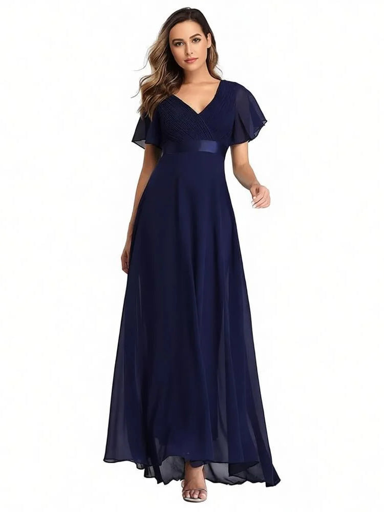 Ruched Corset V Neck A-Line Maxi Satin Bridesmaid Dress for Estate Wedding