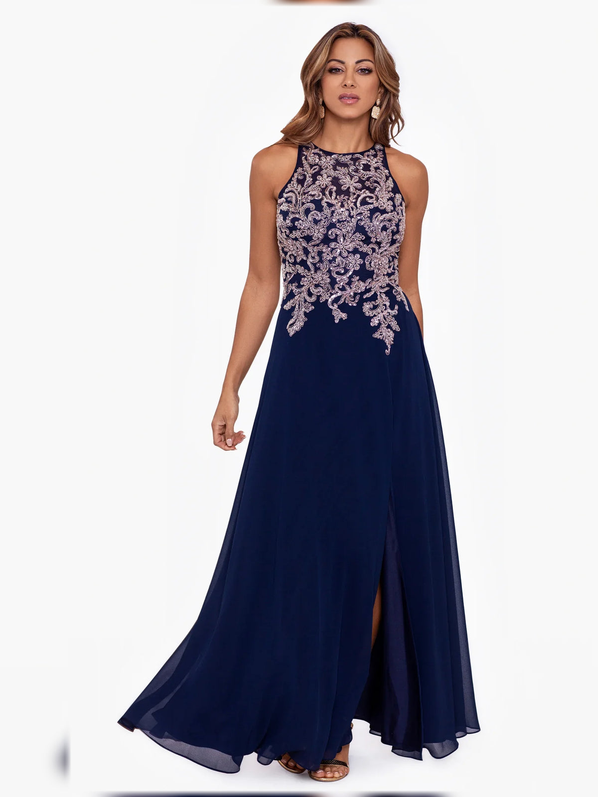 Side-Slit Beaded Slit Backless Halter Neck A-Line Floor-Length Chiffon Mother of the Bride Dress for Formal Reception