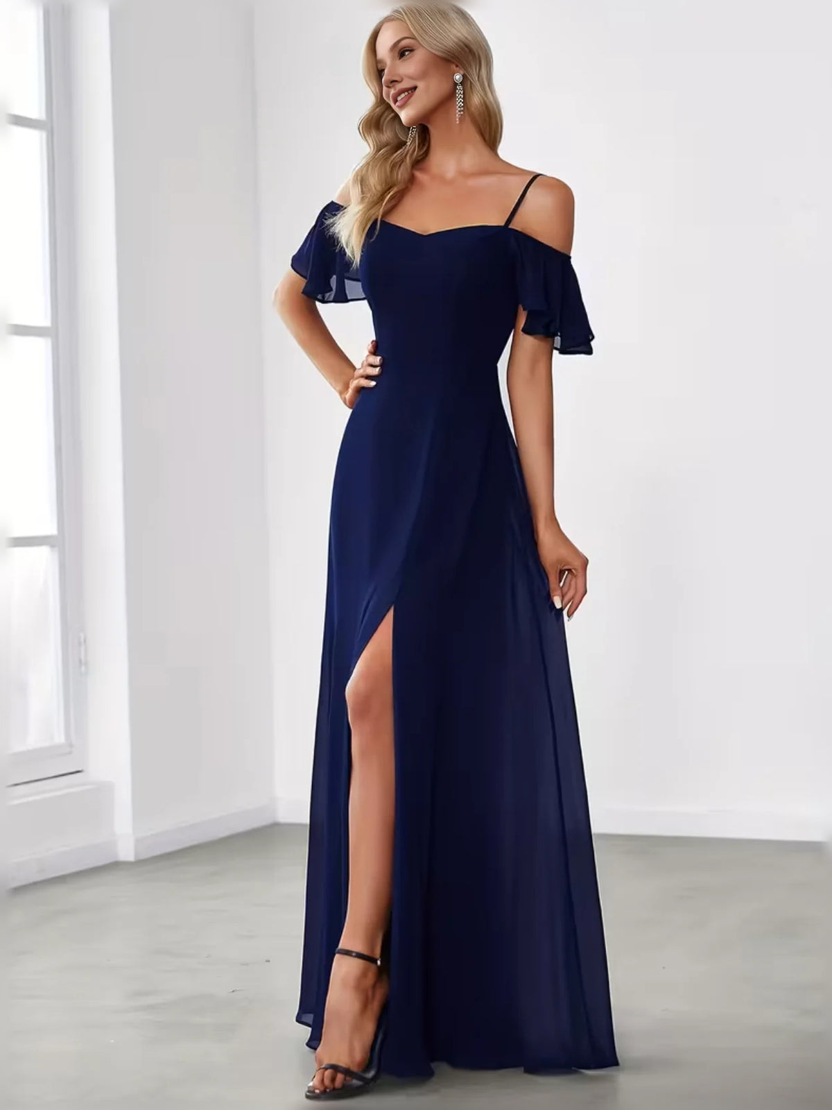 Side-Slit Ruffled Slit Sweetheart A-Line Maxi Chiffon Bridesmaid Dress for Destination Wedding