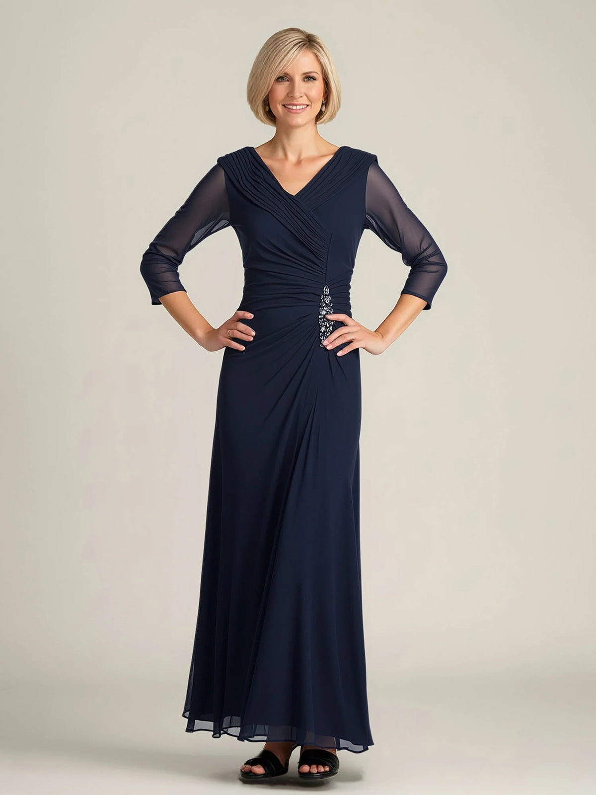 Ruched Beaded V Neck A-Line Floor-Length Chiffon Mother of the Bride Dress for Rehearsal Dinner