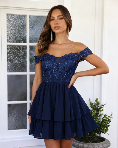 Off Shoulder Lace A-Line Homecoming Dress with Tiered Skirt