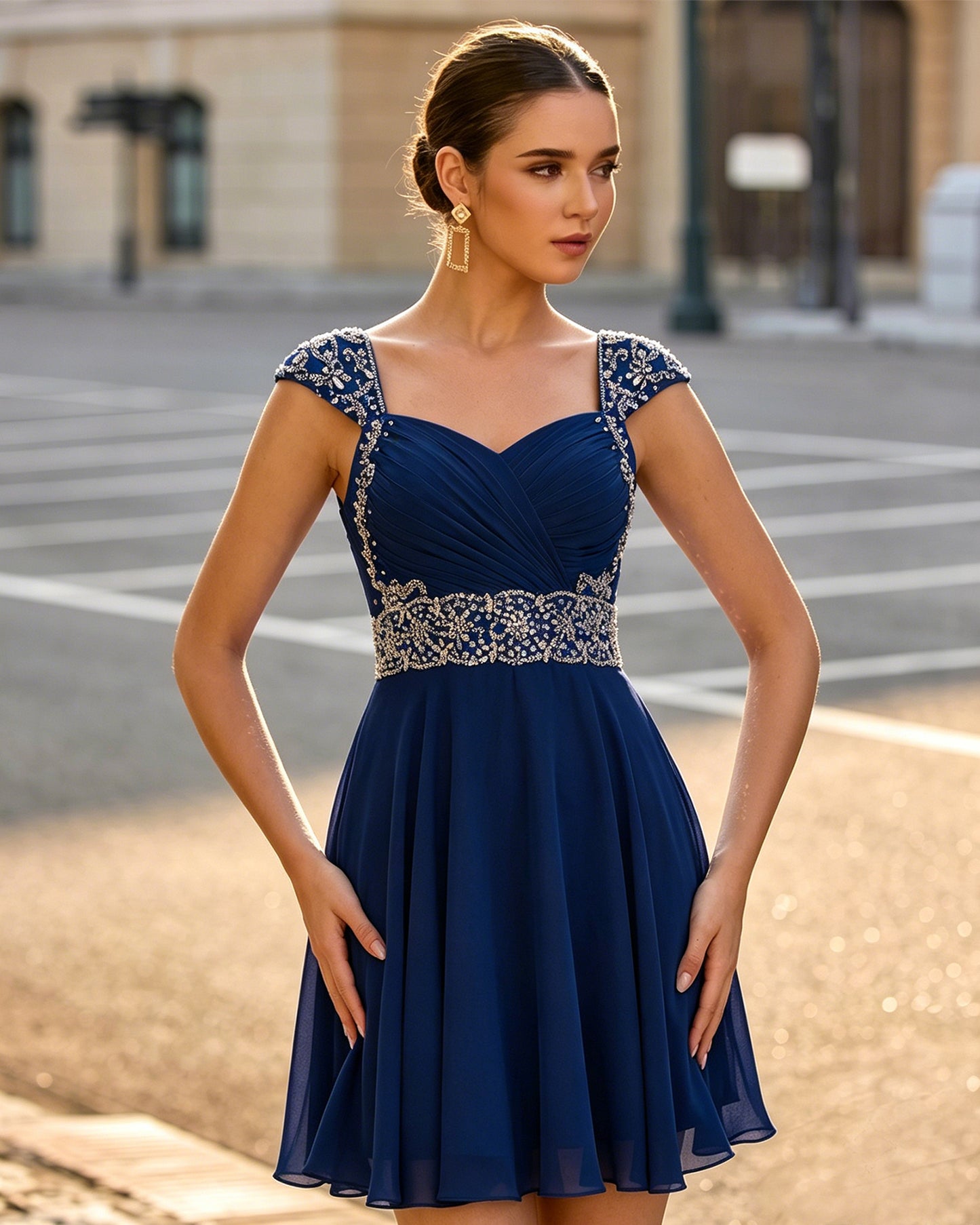 Sweetheart Ruched Chiffon Short Homecoming Dress with Beaded Cap Sleeves