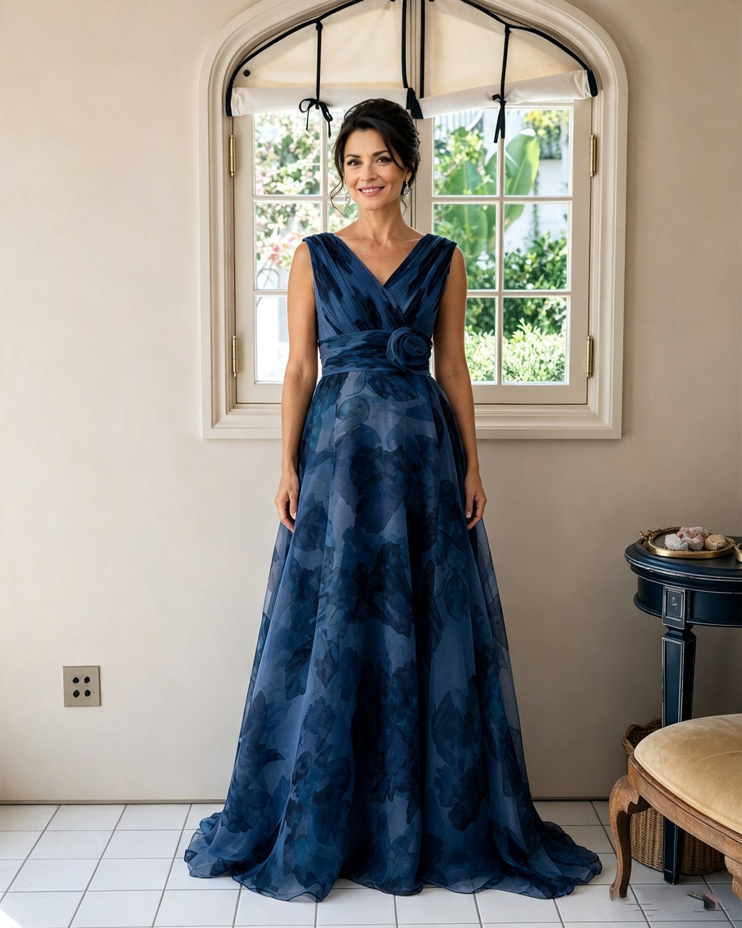 Floral Print V-Neck Chiffon Mother of the Bride Dress with Rosette Sash