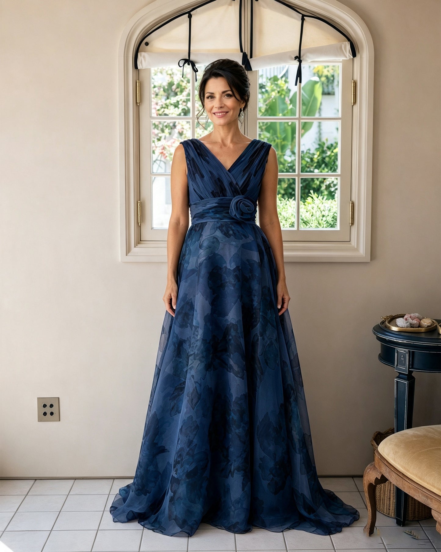 Floral Print V-Neck Chiffon Mother of the Bride Dress with Rosette Sash