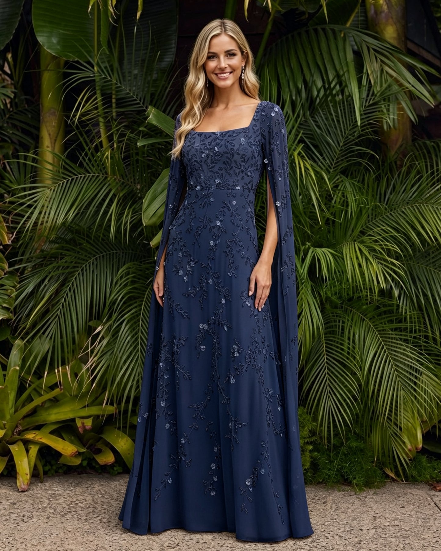 Square-Neck Long-Sleeve Lace A-Line Formal Dress