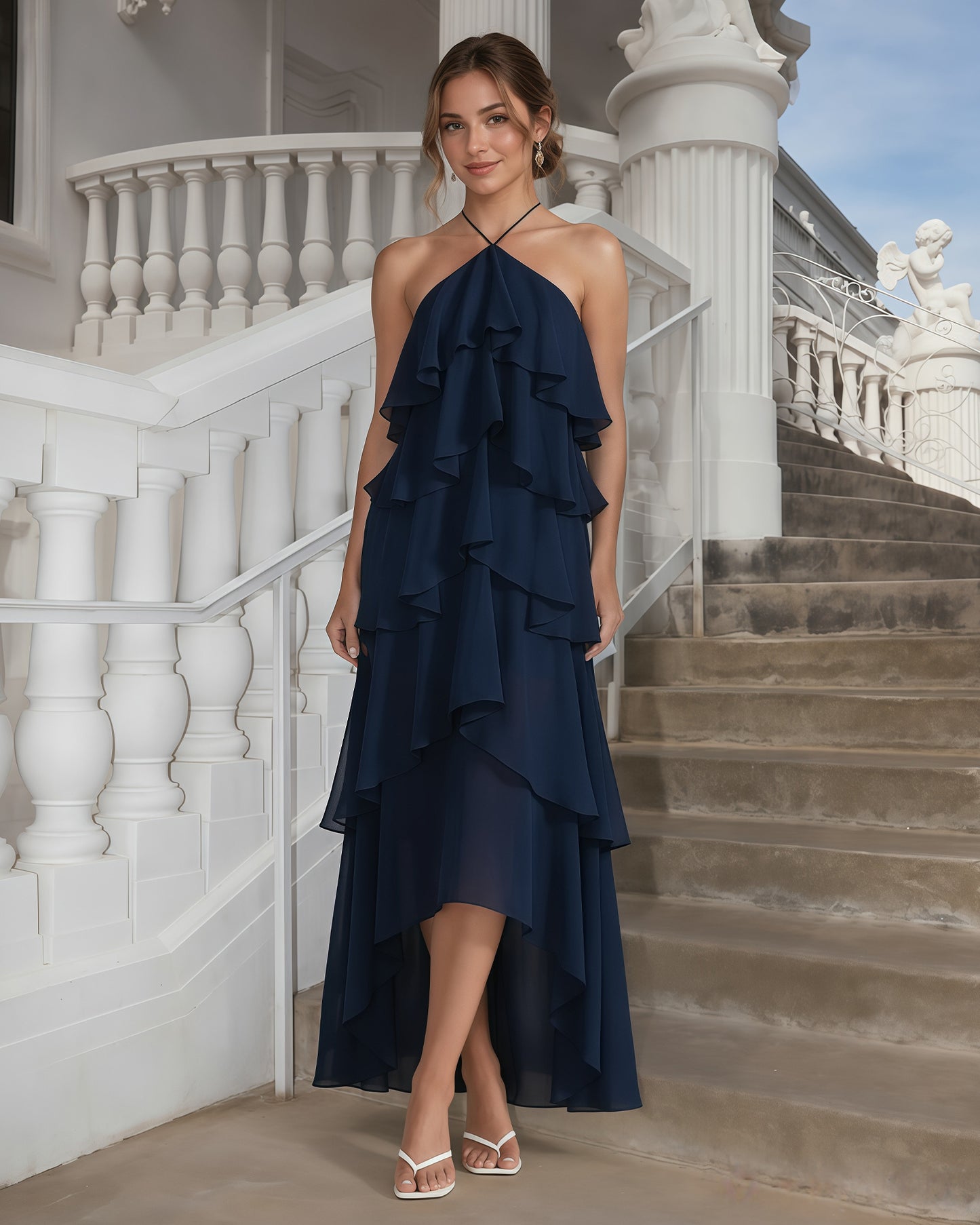 One-Shoulder Tiered Ruffle High-Low Chiffon Formal Dress