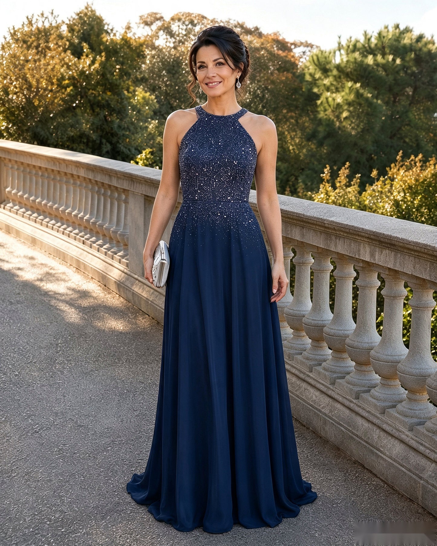 Halter Neck Sequin Chiffon A-Line Mother of the Bride Dress