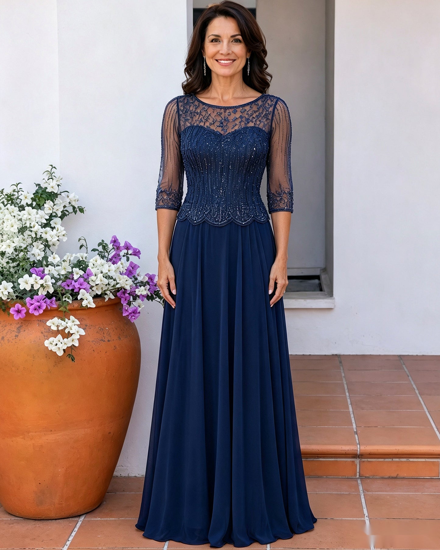 Illusion Lace Three-Quarter Sleeve A-Line Mother of the Bride Dress
