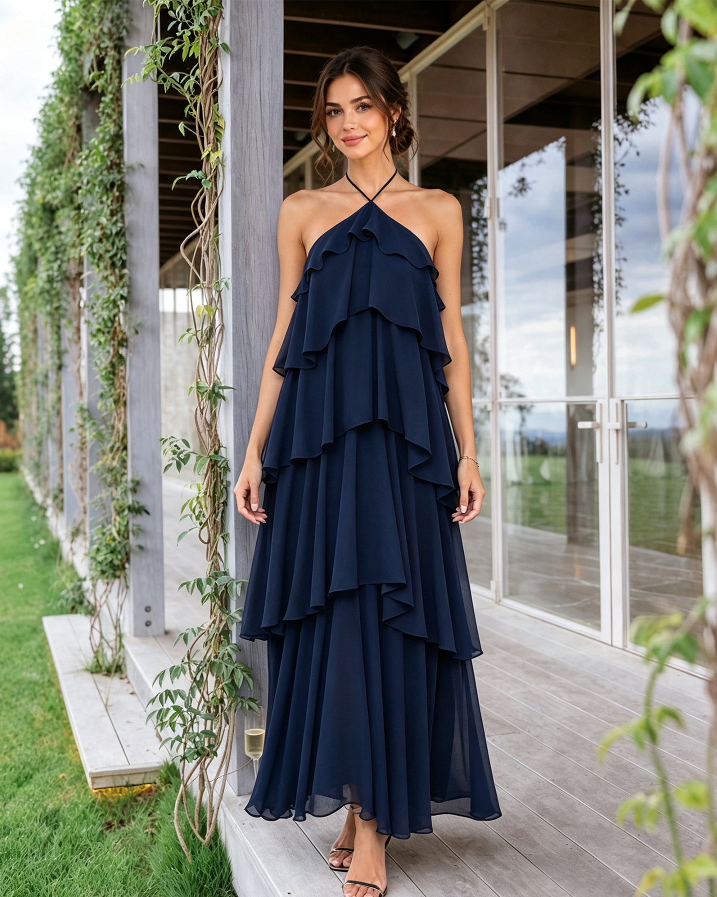 Halter Neck Tiered Chiffon Bridesmaid Dress with Ruffle Overlay