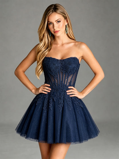 Strapless Lace Applique Glitter Tulle Homecoming Dress