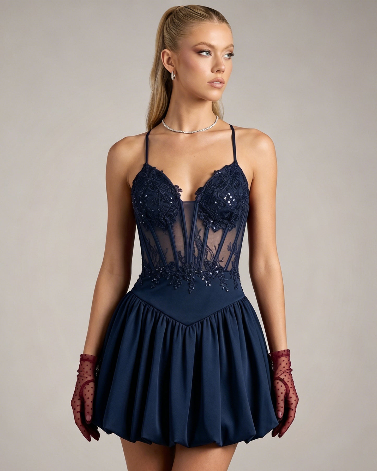 Spaghetti Strap Lace Corset Homecoming Dress with Flared Skirt