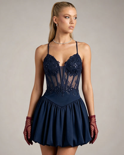 Spaghetti Strap Lace Corset Homecoming Dress with Flared Skirt