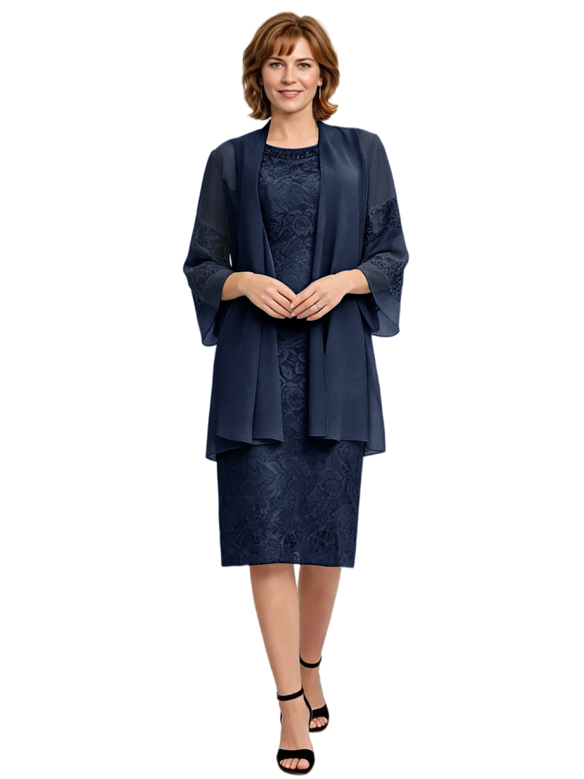 Mother of the Bride Dress with Jacket Knee Length Lace Formal Wedding Guest Outfit