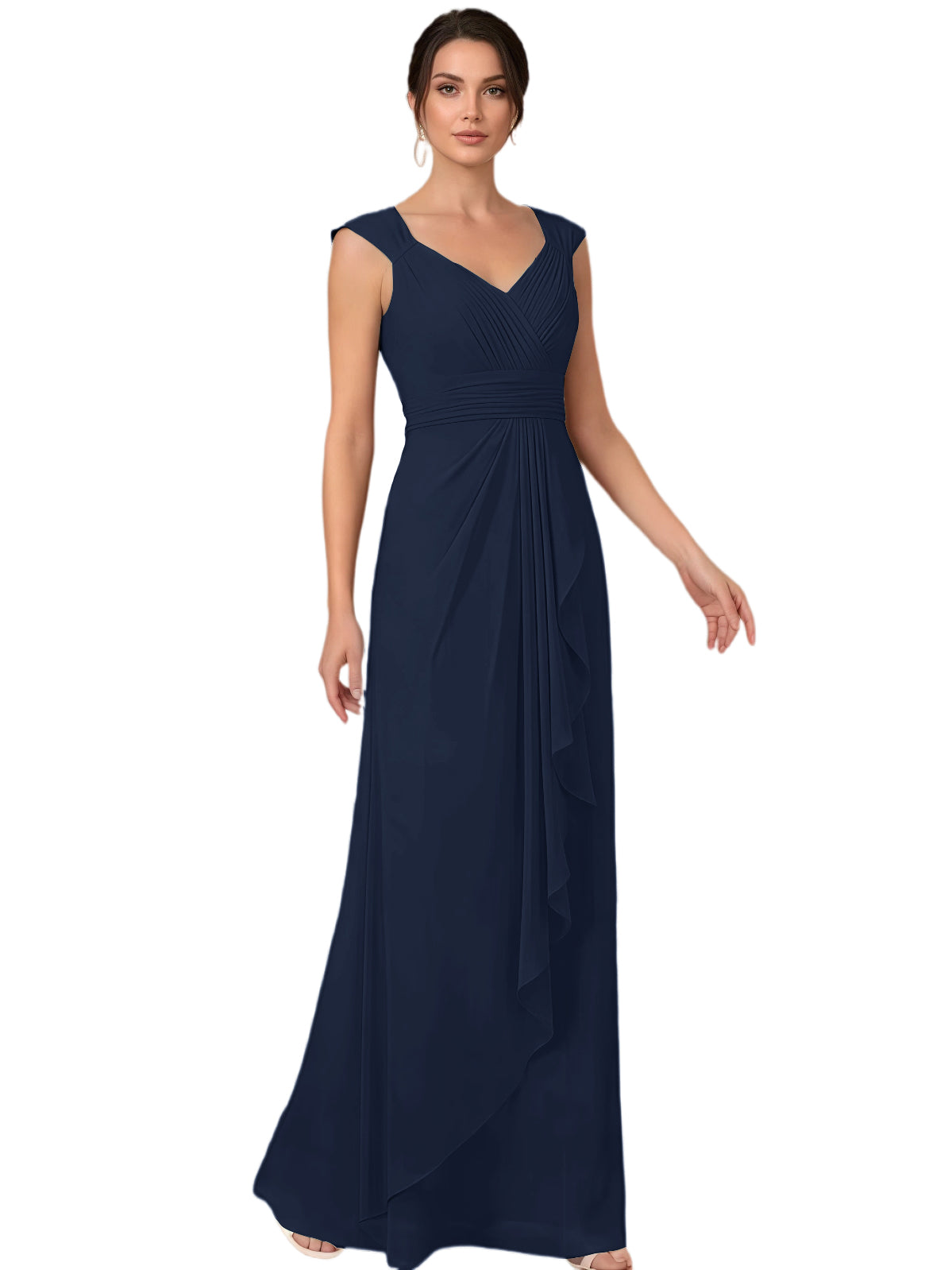 Mother of the Bride Dress Long Sleeveless V-Neck Chiffon Formal Gown with Ruffle Detail