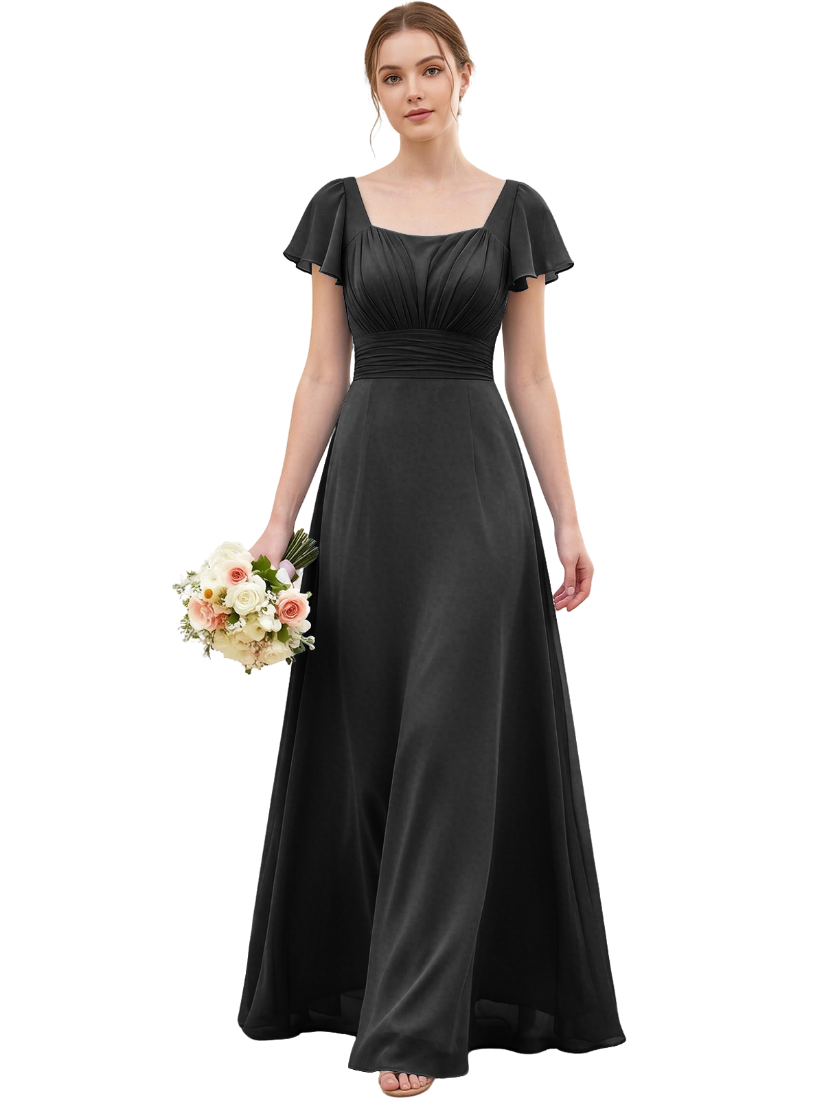 Square Neck Chiffon Bridesmaid Dress with Flutter Sleeves and Lace-Up Back