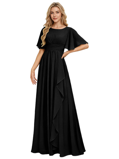 Flutter Sleeve Chiffon Bridesmaid Dress with Tiered Front Ruffle