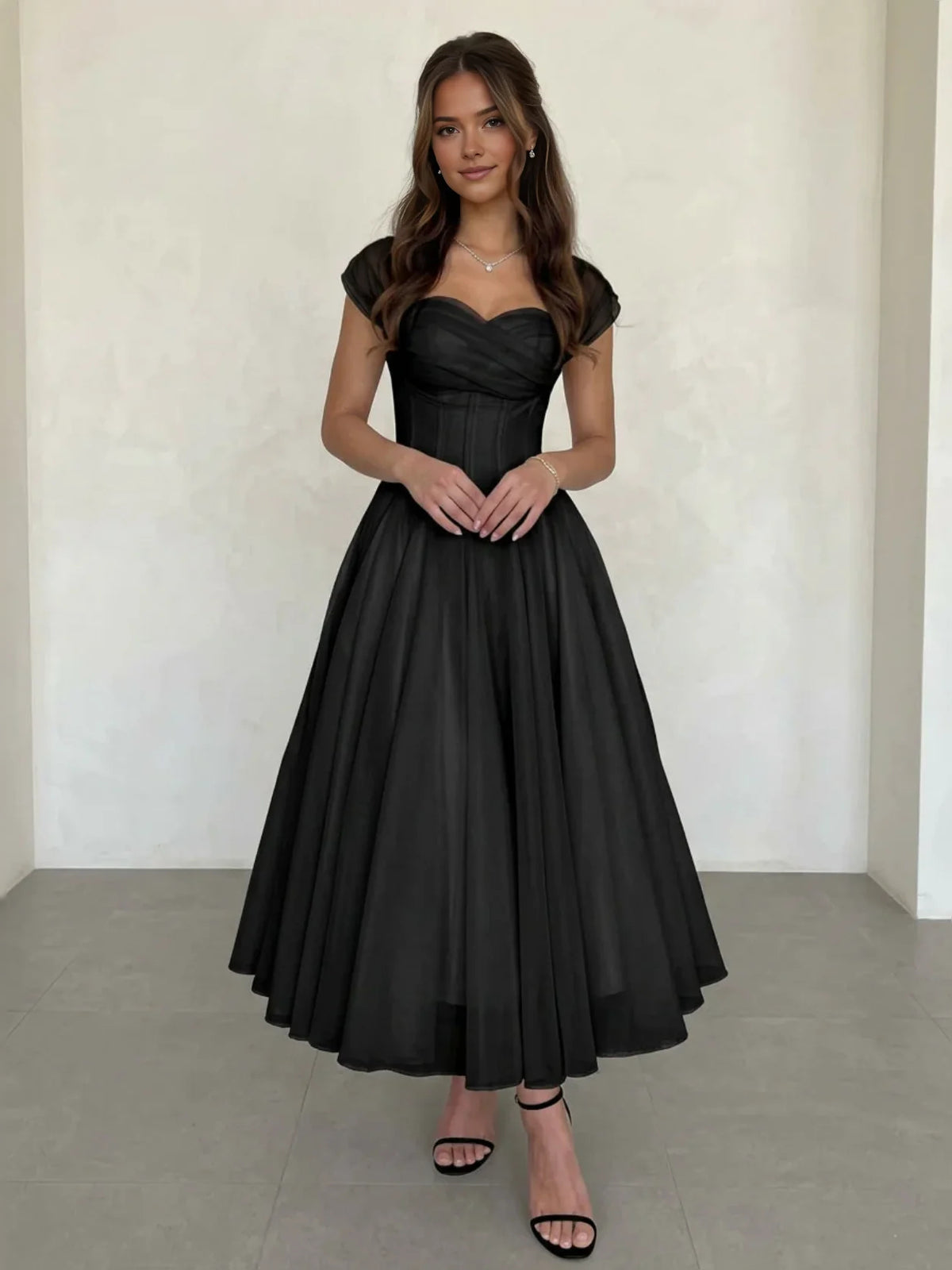 Pleated Corset Sweetheart A-Line Tea-Length Chiffon Wedding Dress for Seaside Wedding