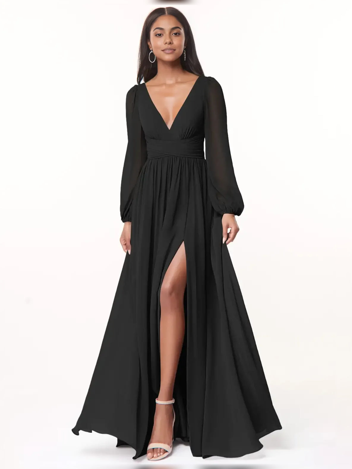 Slit Plunging Neckline A-Line Floor-Length Chiffon Bridesmaid Dress for Wedding Ceremony