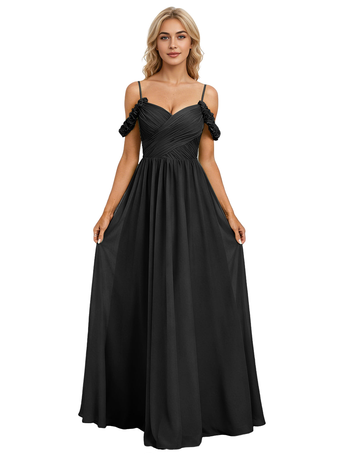 Off Shoulder Lace Applique Bridesmaid Dress with Flowing Chiffon dress