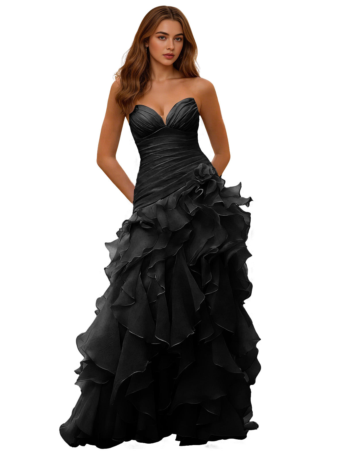 Strapless Organza Ruffle Ball Gown Prom Dress with Draped Corset Bodice