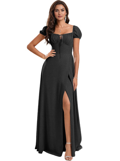 Ruched Short Sleeve Chiffon Bridesmaid Dress with Side Slit