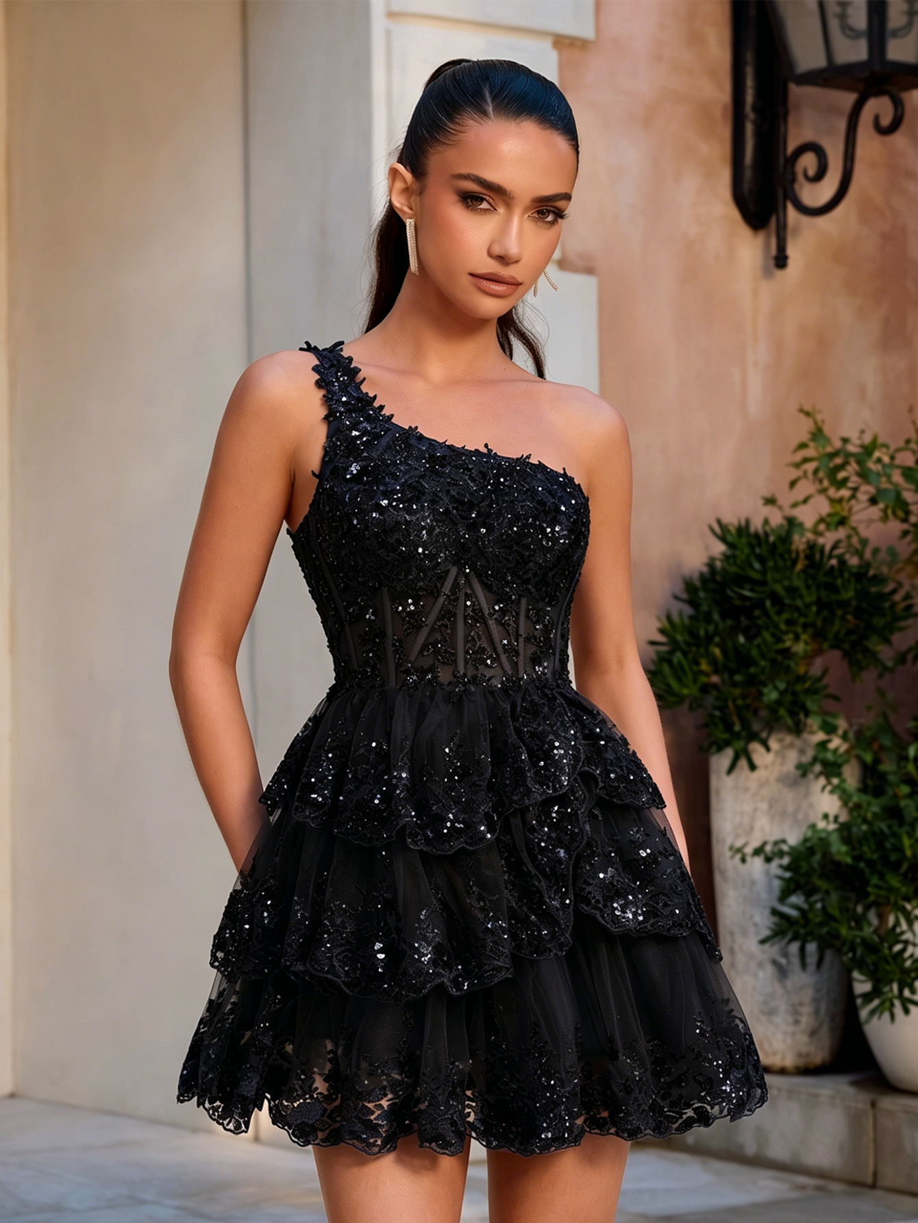 One Shoulder Sequin Lace Corset Tiered Homecoming Dress