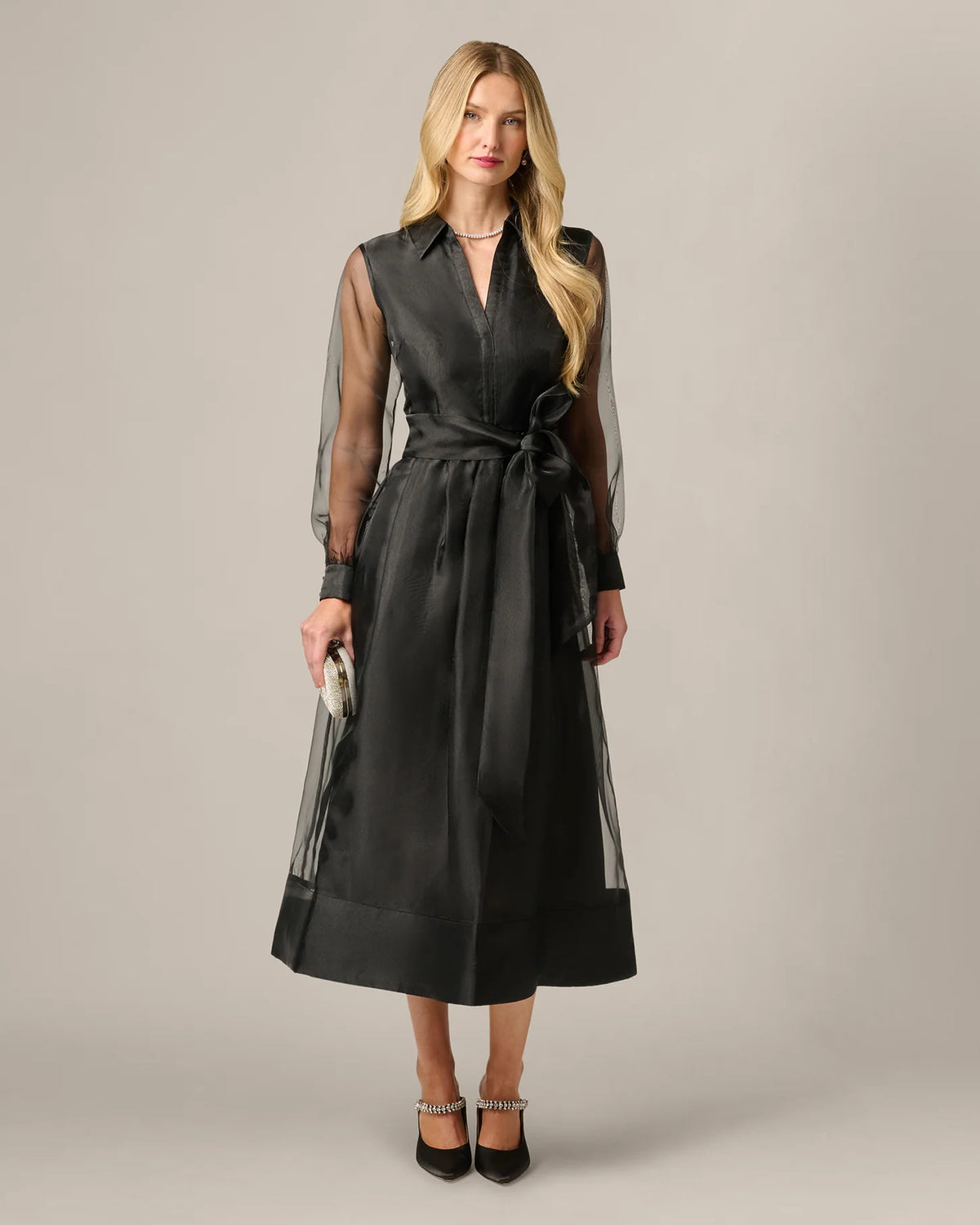 Long-Sleeve A-Line Midi Mother of the Bride Dress for Gala Dinner