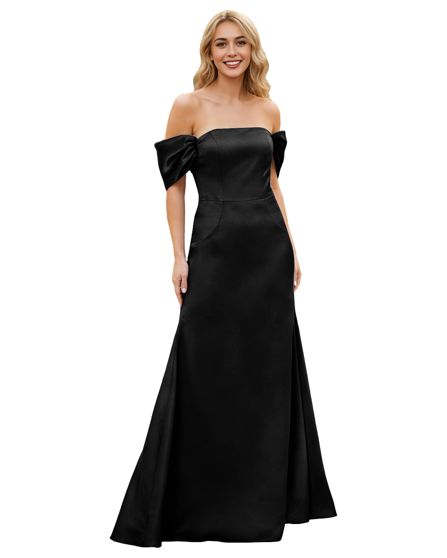 Off Shoulder Satin Bridesmaid Dress with Foldover Neckline and Trumpet Dress