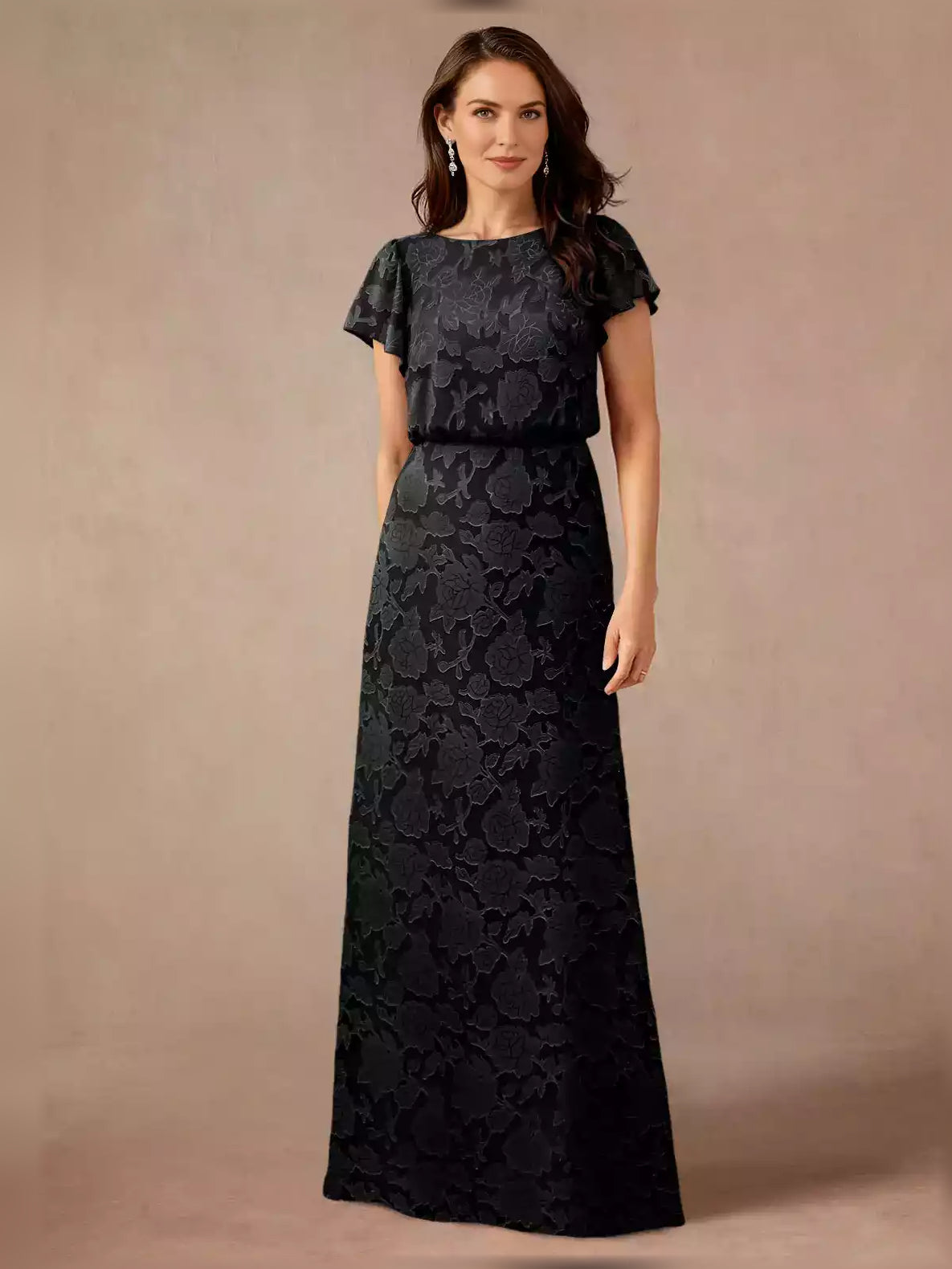 Draped Floral Boat Neck A-Line Maxi Chiffon Mother of the Bride Dress for Wedding Celebration