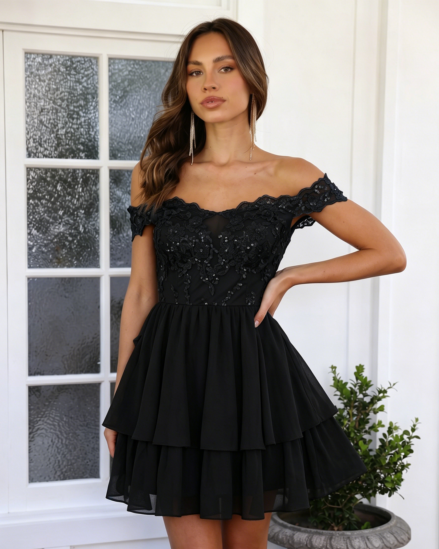 Off Shoulder Lace A-Line Homecoming Dress with Tiered Skirt