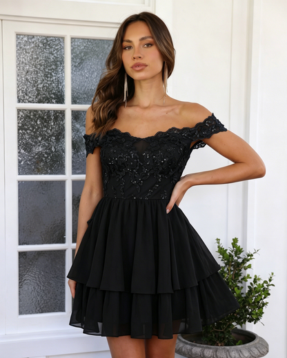 Off Shoulder Lace A-Line Homecoming Dress with Tiered Skirt