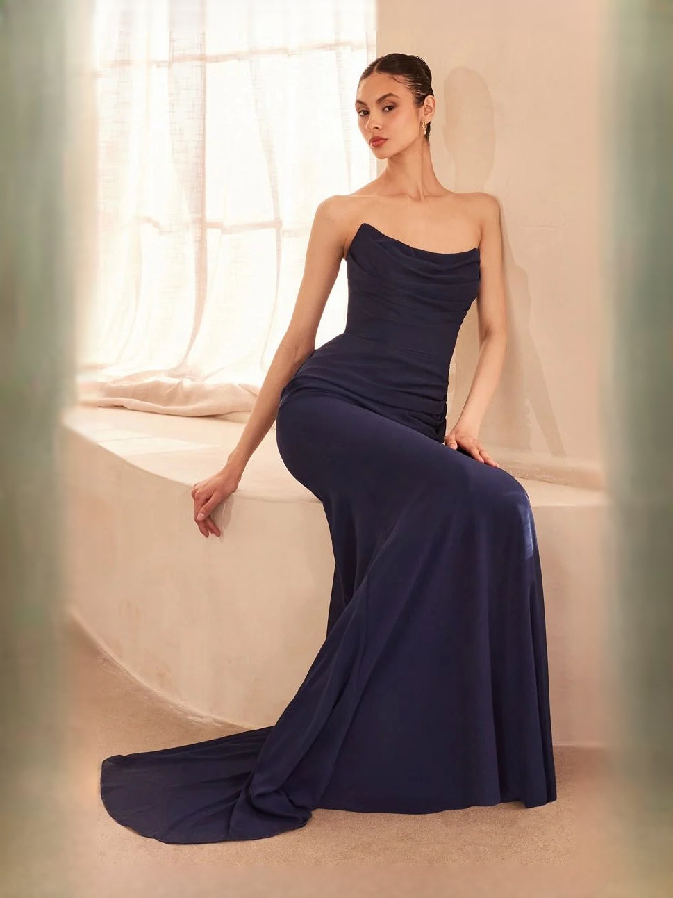 Ruched Draped Strapless Mermaid Floor-Length Chiffon Prom Dress for Evening Ceremony