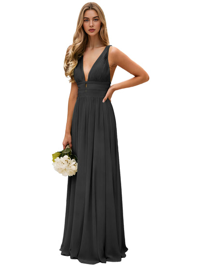 Spaghetti Strap V-Neck Chiffon Bridesmaid Dress with Open Back