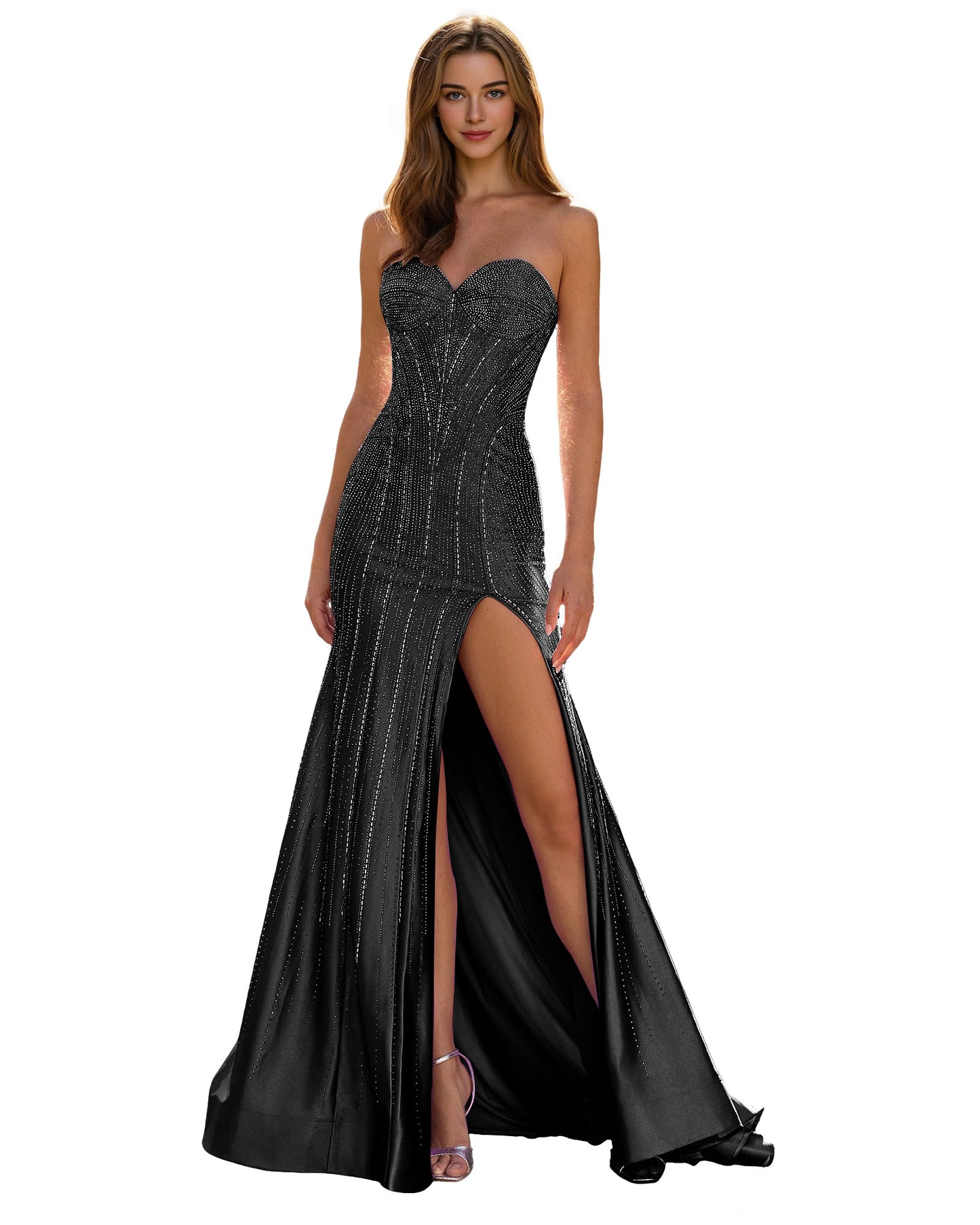 Strapless Sequin Column Prom Dress with Side Slit and Sweep Train